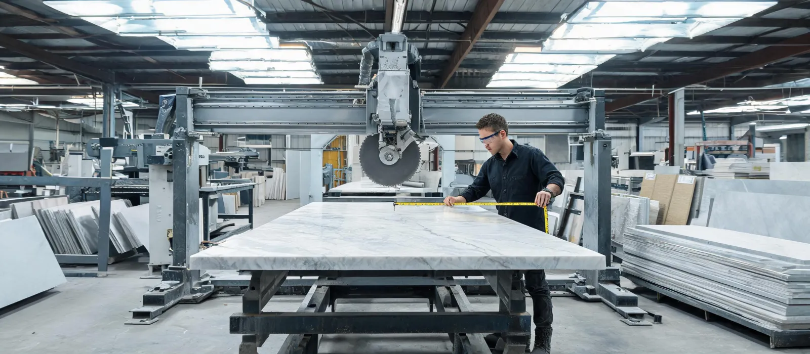 Fabricator measuring Silestone quartz slab