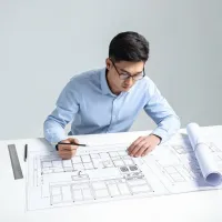 Architect reviewing kitchen drawings