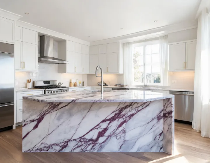 Silestone quartz kitchen island with waterfall edge in a daylight studio