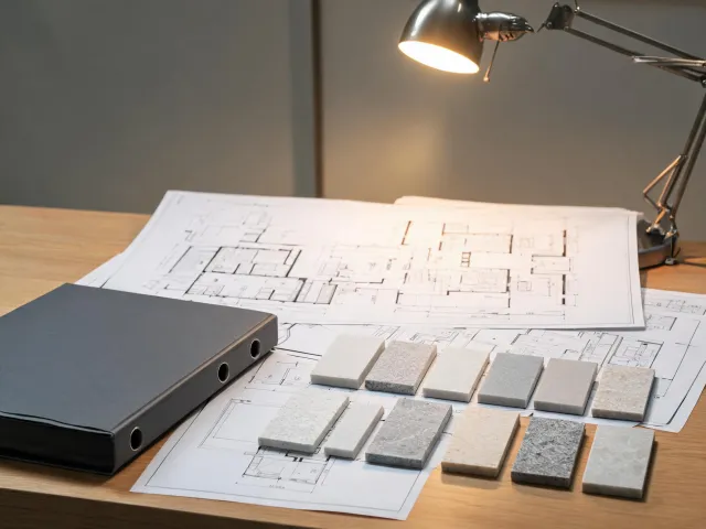 Engineer reviewing Silestone specification binder and CAD drawings